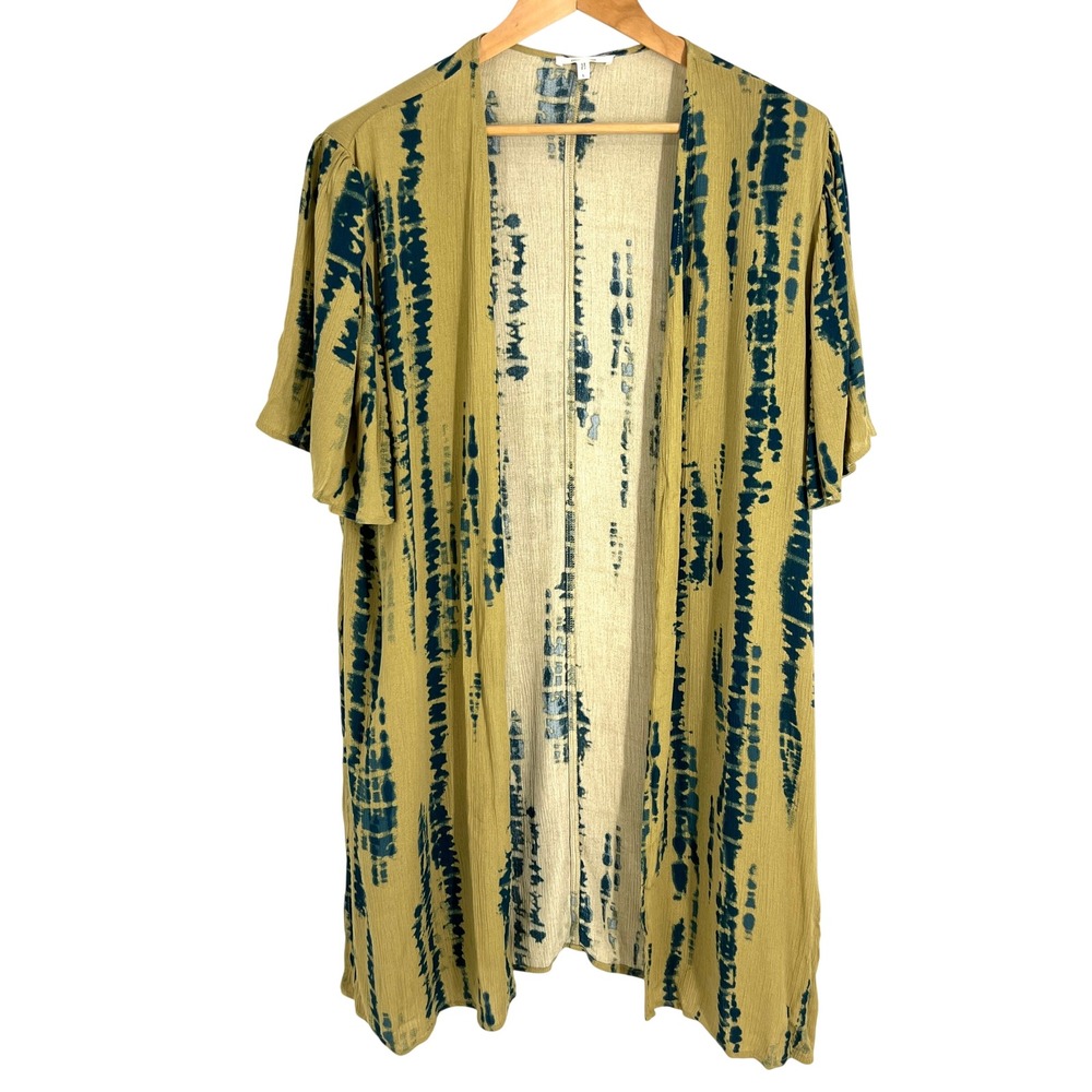 Maurices Womens Large Olive Green Navy Blue Tie Dye Open Front Kimono Wrap